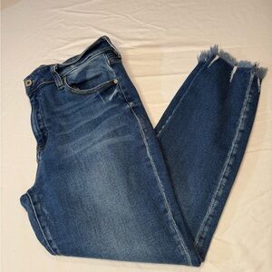 KanCan Dark Blue High-Rise Cropped Jeans with Frayed Ankles